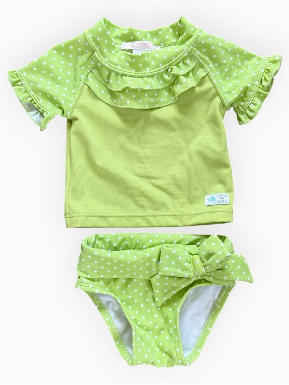Janie And Jack Green Polka Dot Ruffled Swimsuit Swim Set Two Piece Sz 0-3 Months